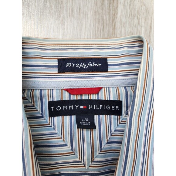 Tommy Hilfiger 80s 2 Ply Fabric Button Up Shirt Blue Brown White Stripe Sz L EUC - Picture 5 of 9